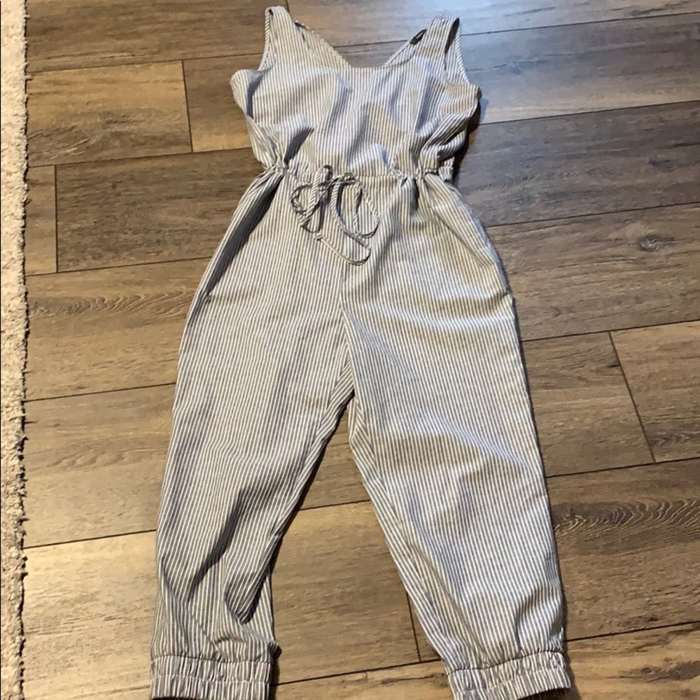 Striped Sleeveless Drawstring Jumpsuit - Blue/White